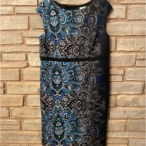 Chicos Dress Size 1.5 Omber Paisley Carbon Blue Sleeveless Sheath,Soft& stretchy